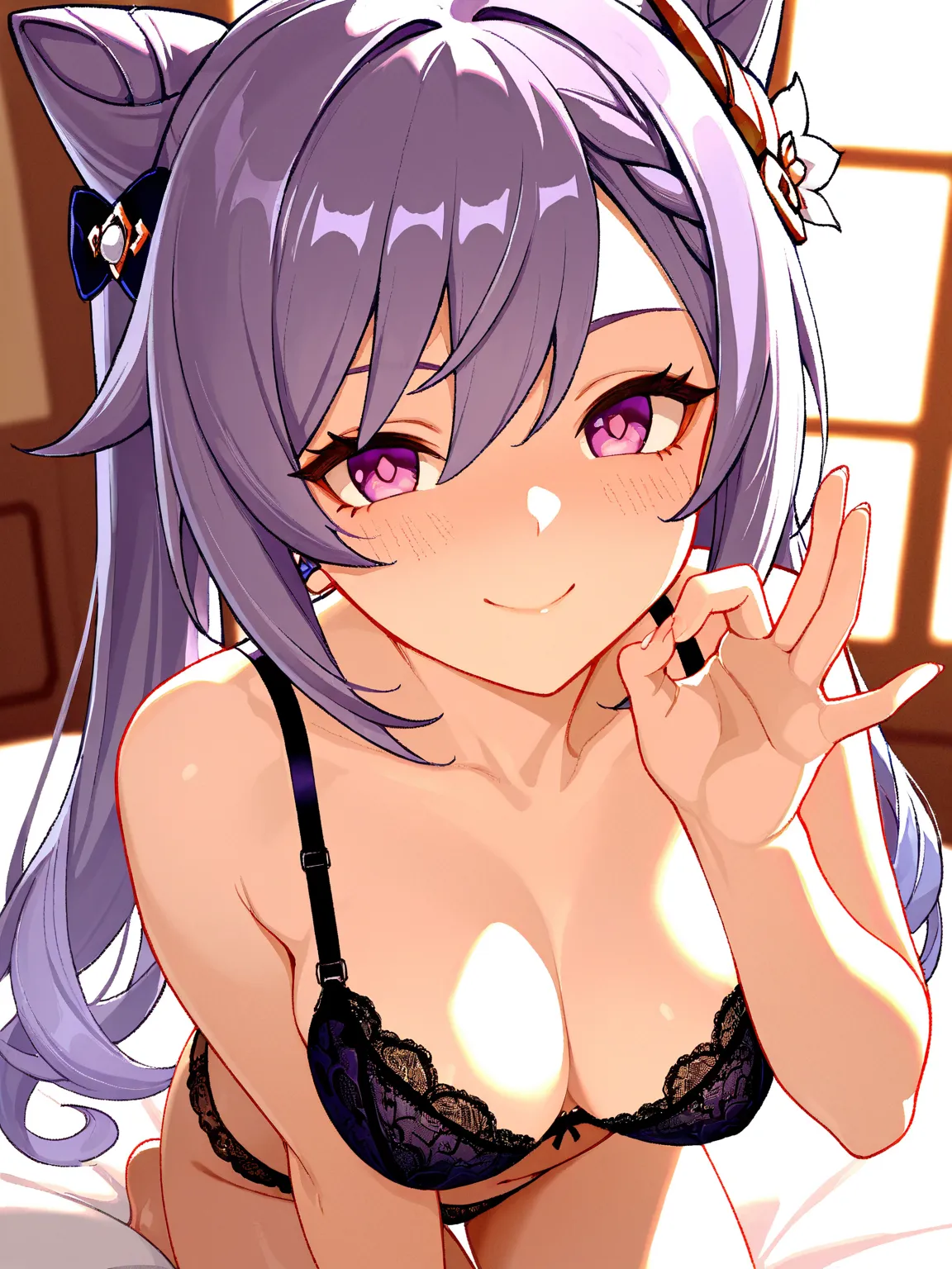 Nsfw,8k,masterpiece, best quality, ultra detailed, high resolution, super fine illustration, extremely detailed CG,Keqing (genshin impact), 1girl, solo, smile,purple eyes,purple hair,cone hair bun,long hair, swept bangs, braid, braided bangs, medium breast...