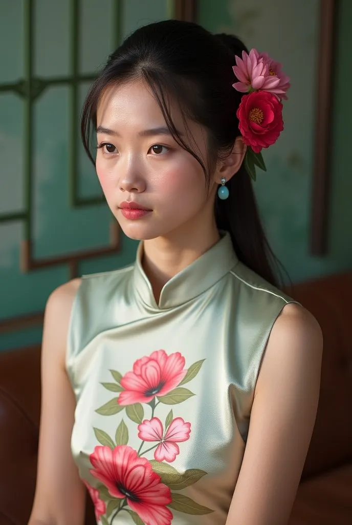 a tan-skinned young asian woman seated and wearing an asian silk white dress with floral patterns, Her dark hair is tucked up, adorned with large pink and red flowers on the left side of her head. She looks off slightly to the right with a calm expression,...