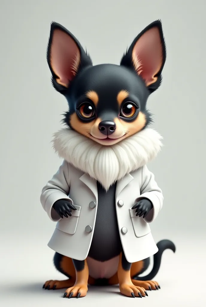 Chihuahua dog with completely black fur with a white beard and a white scientist's coat 