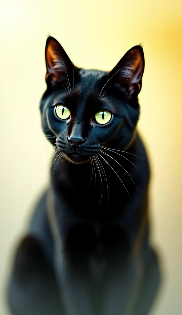 black cat with green eyes with white with yellow shade background 