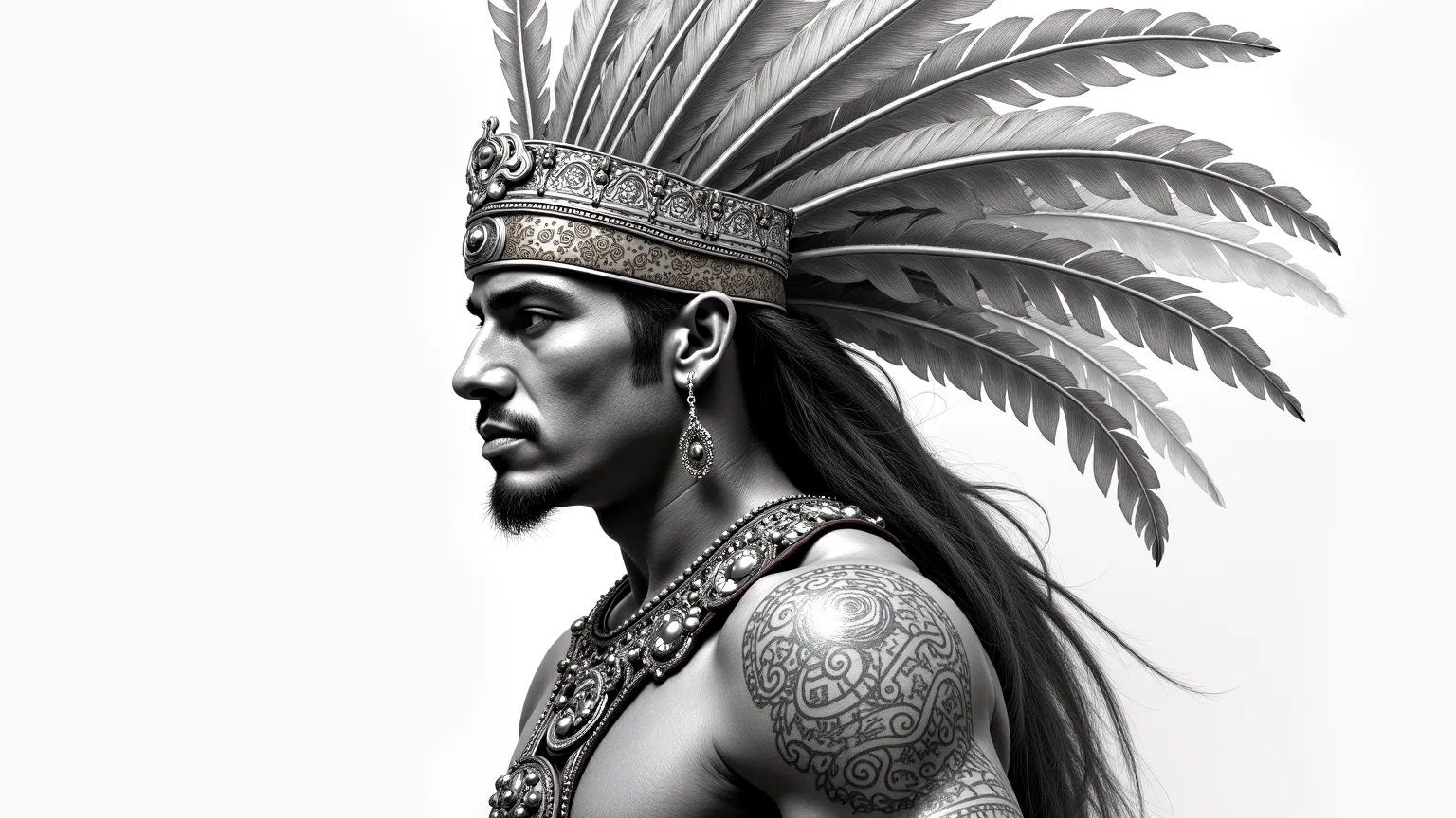 A breathtaking tattoo design of a fierce Aztec warrior, his chiseled face filled with strength and wisdom, captured in high-contrast pencil drawing on paper. His gaze, intense and unwavering, tells the story of a proud leader, a protector of his people, im...