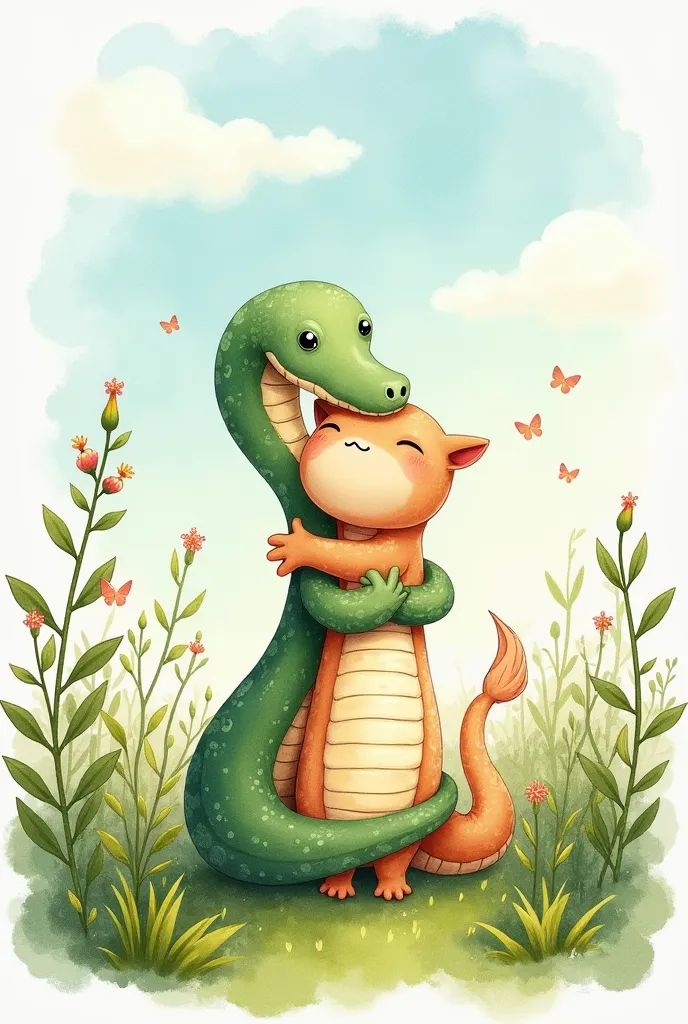 A watercolor illustration of a  hugging a snake in the middle of a garden with green vegetation and flowers on the side, with a blue sky with some clouds. The overall aesthetic is soft, romantic and whimsical, with delicate brushstrokes and mixed watercolo...