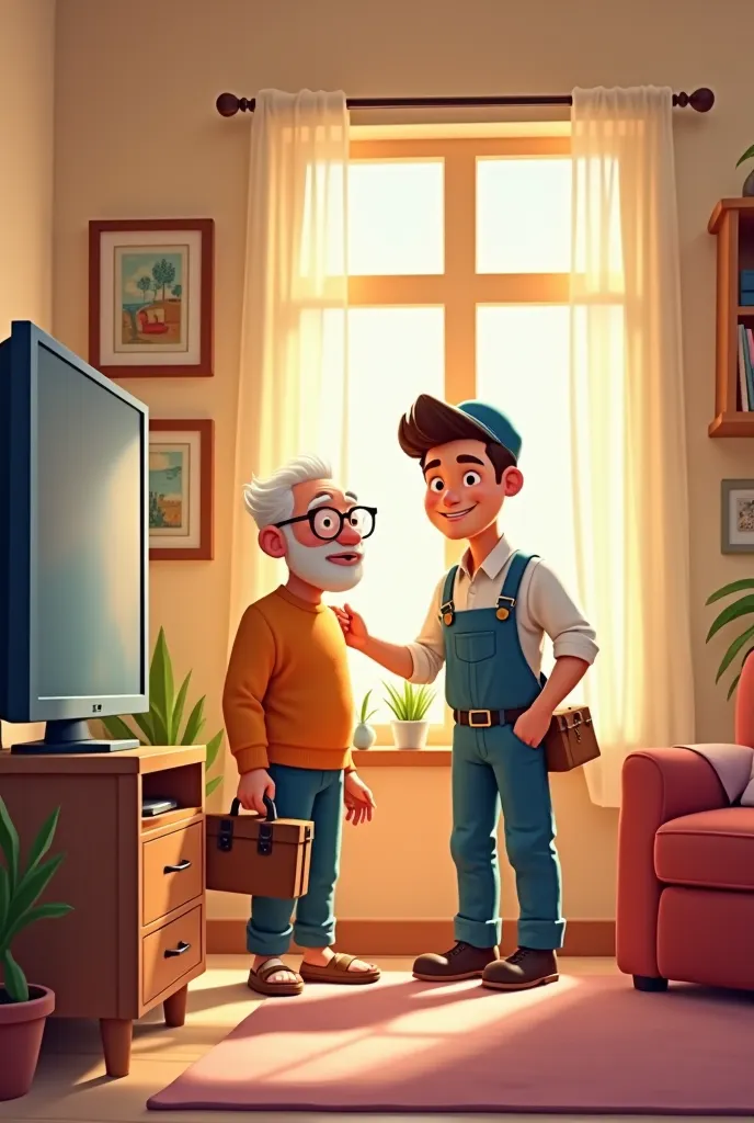 CARTOON OF A TECHNICIAN AND AN OLD MAN INSTALLING A SMART TV