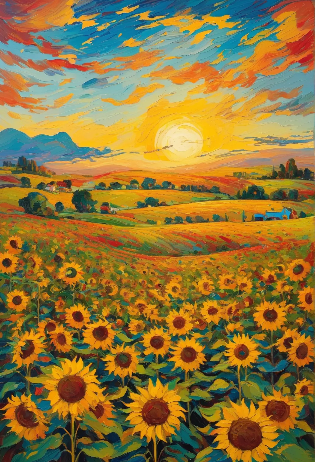 a painting, in the expressionist style, from a field of sunflowers, With ren playing, the light is at dusk with shades of yellow and red, the intense blue sky with few clouds, clouds in shapes that resemble domestic animals, Like cats and dogs.