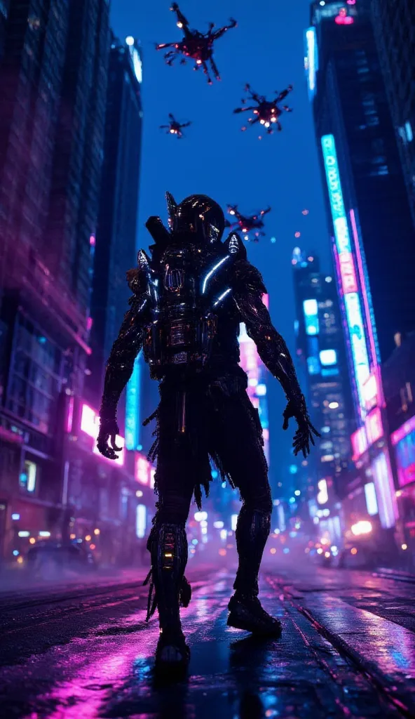 (best quality, 128k,highres,masterpiece:1.2),ultra-detailed,(realistic,photorealistic,photo-realistic:1.37), ((masterpiece)) ((photography)) ((Highest quality)) A hyper-detailed 3D illustration of an elite alien soldier patrolling a dark neon-lit city. His...