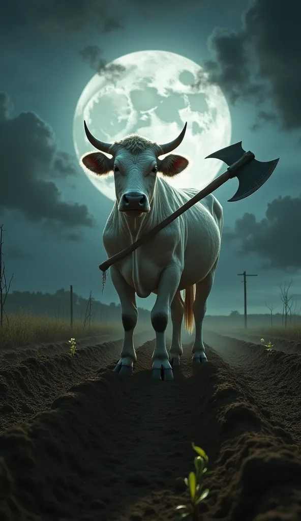 image:

“Create a surreal, dreamlike scene of a powerful white cow standing in a freshly plowed field under a full moon. The cow holds an axe with its front legs, with dark storm clouds swirling in the sky, creating an eerie yet mystical atmosphere. The so...