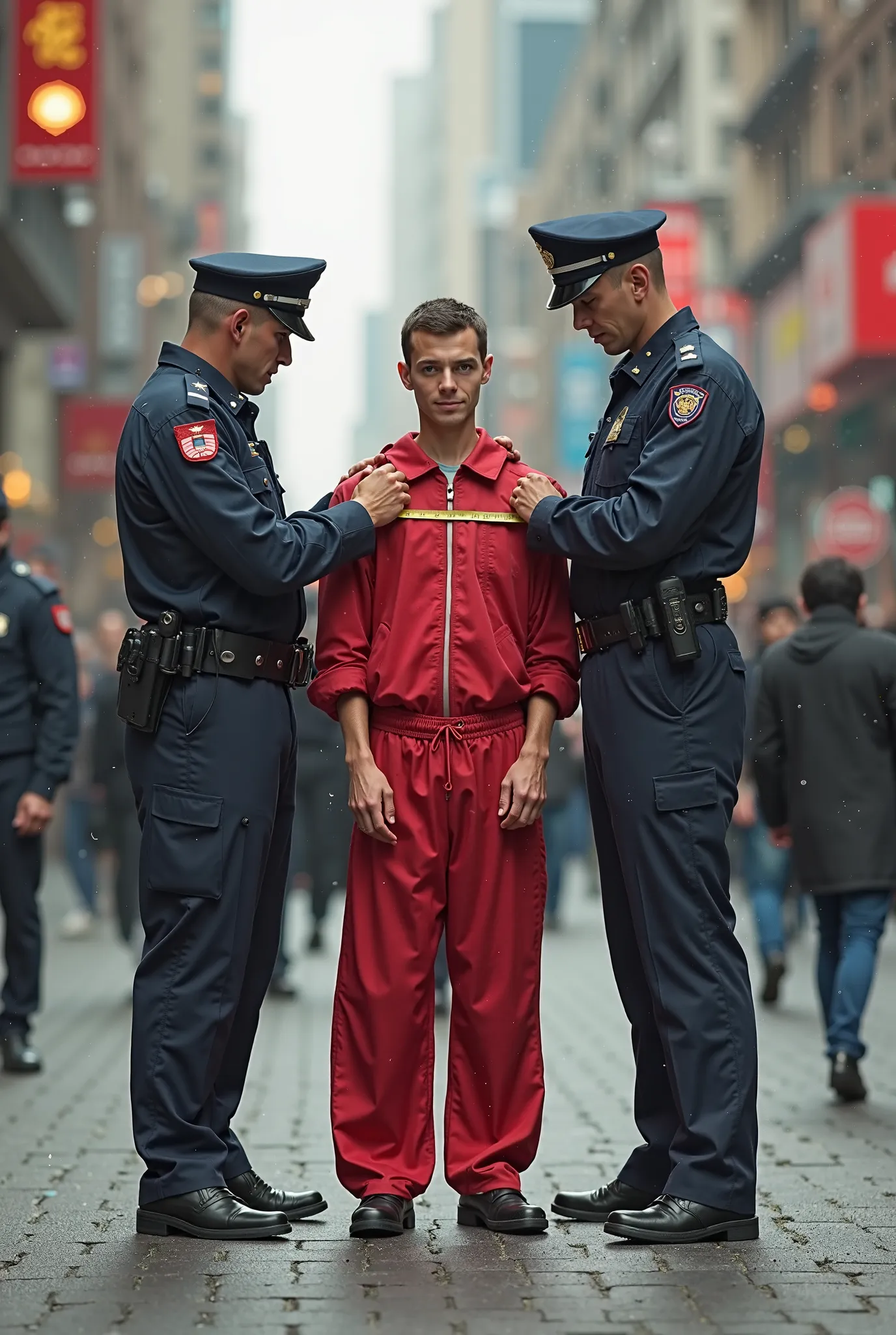 Deux policier mesure un homme petit vêtement rouge dans la rue ((9k,haute qualité, résolution haute, réalisme max, vraie vie, réalité,))