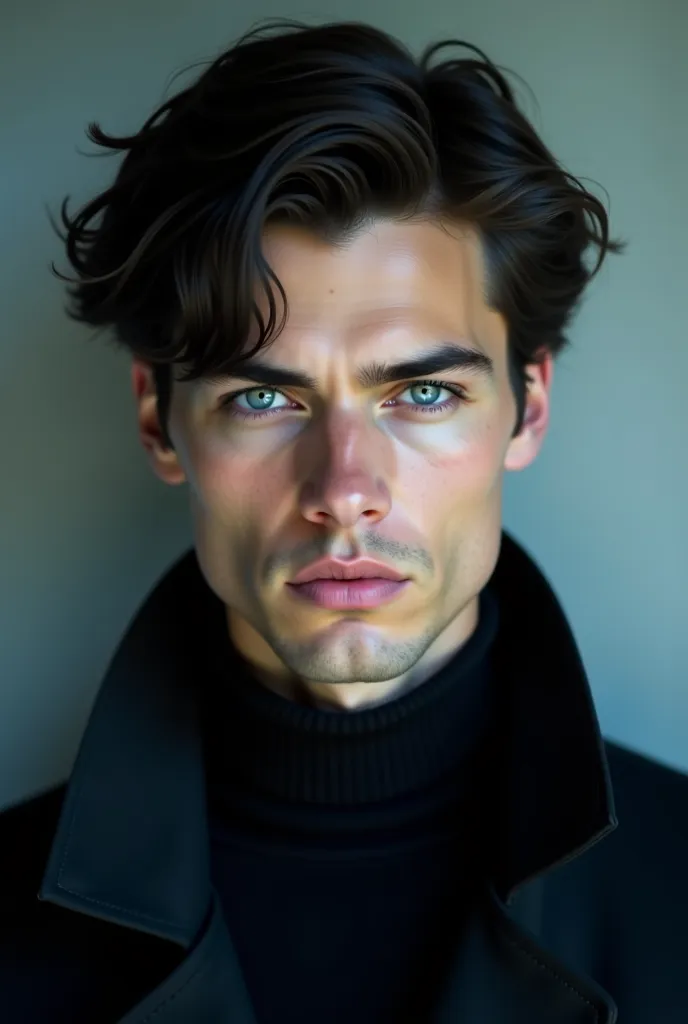 A tall young man, dark-haired and cold-haired, light blue eyes, .  Your face has an angular structure , with cheekbones and a defined jaw. Despite his youth, His gaze is penetrating and he generally remains serious., which gives it a mysterious and somewha...