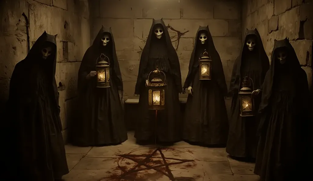 Victorian Gothic Horror tableau, a group of hooded Victorian figures gathered in a shadowy crypt, skeletal faces beneath their hoods, holding rusted lanterns that cast flickering shadows on ancient stone walls, symbols of forbidden rituals drawn in blood a...