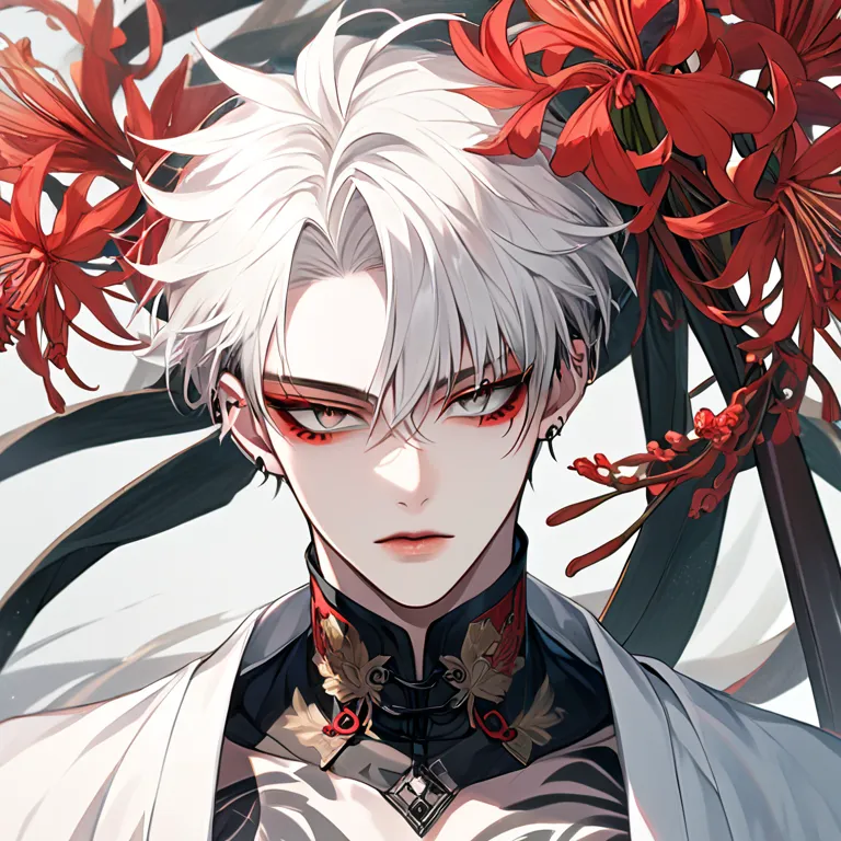 A Young Man with white hair in a wolfcut. Black onyx eyes and a pale complexion, hunter eyes and attractive feature. A tattoo of red lycoris on his middle chest. Mix of Occidental feature and Asian