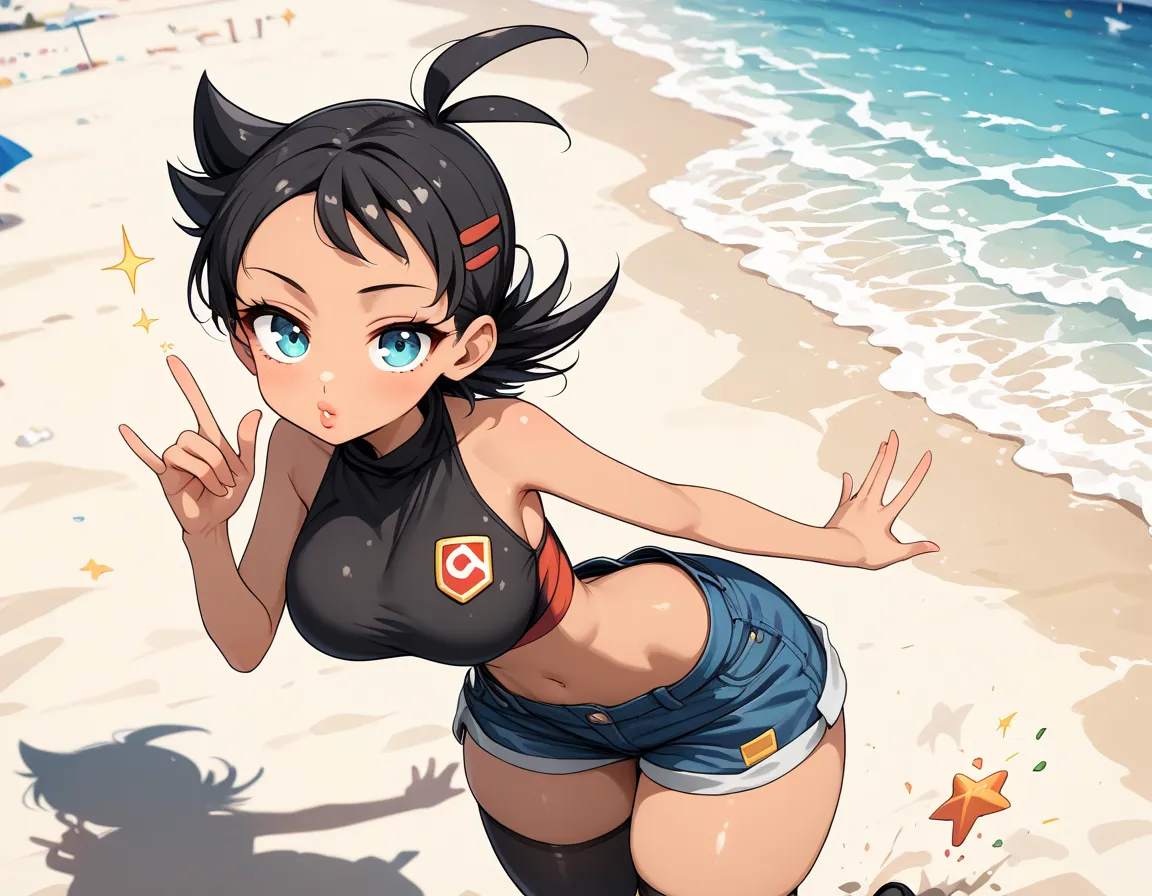 score_9, score_8_up, score_7_up, (((solo))), random pose, shading, sharp focus, raytracing, 23yo, Goh_\(pokemon\), Black hair, lush lips, (long lashes), (lush lips), tan skin, ((thin waist, wide hips, thick thighs)), big breasts, ((very detailed beach scen...