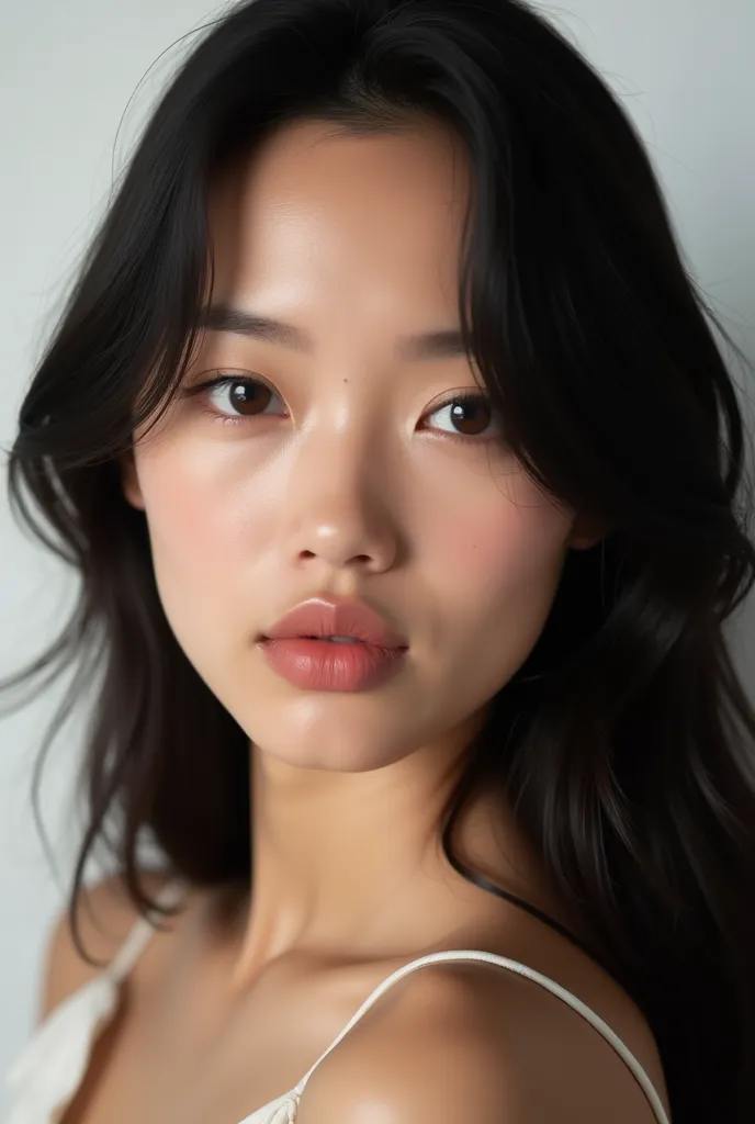 portrait of a beautiful sexy young woman, facing camera, entire face and hair, white background, closed mouth with large lips, 20 years old, brown eyes, black hair, light makeup, perfect skin, studio lighting, photorealistic, 4K