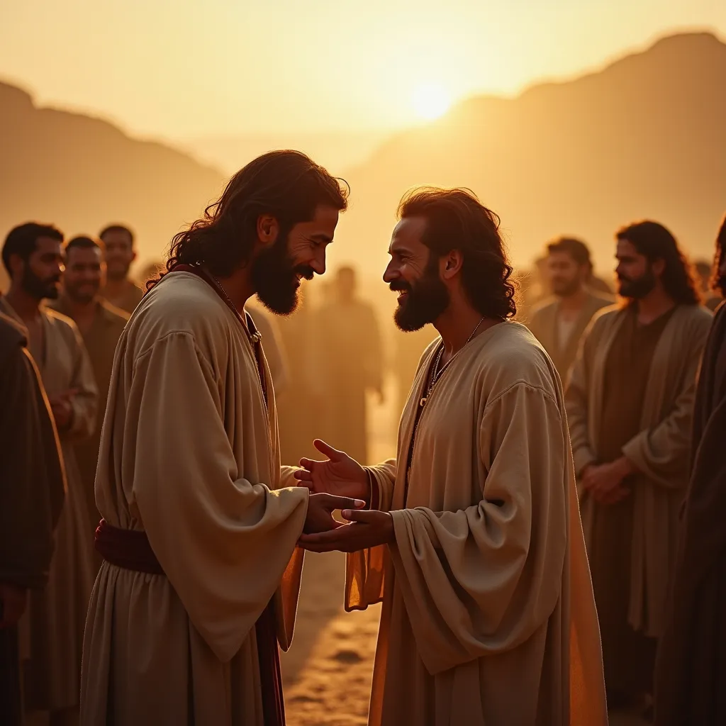 An emotional scene full of compassion, set amidst the crowd a simple and serene landscape.  in the center, a leper man , with the skin marked by the disease,  draws closer to Jesus , } who is standing with a look of deep mercy and love. The soft light of a...