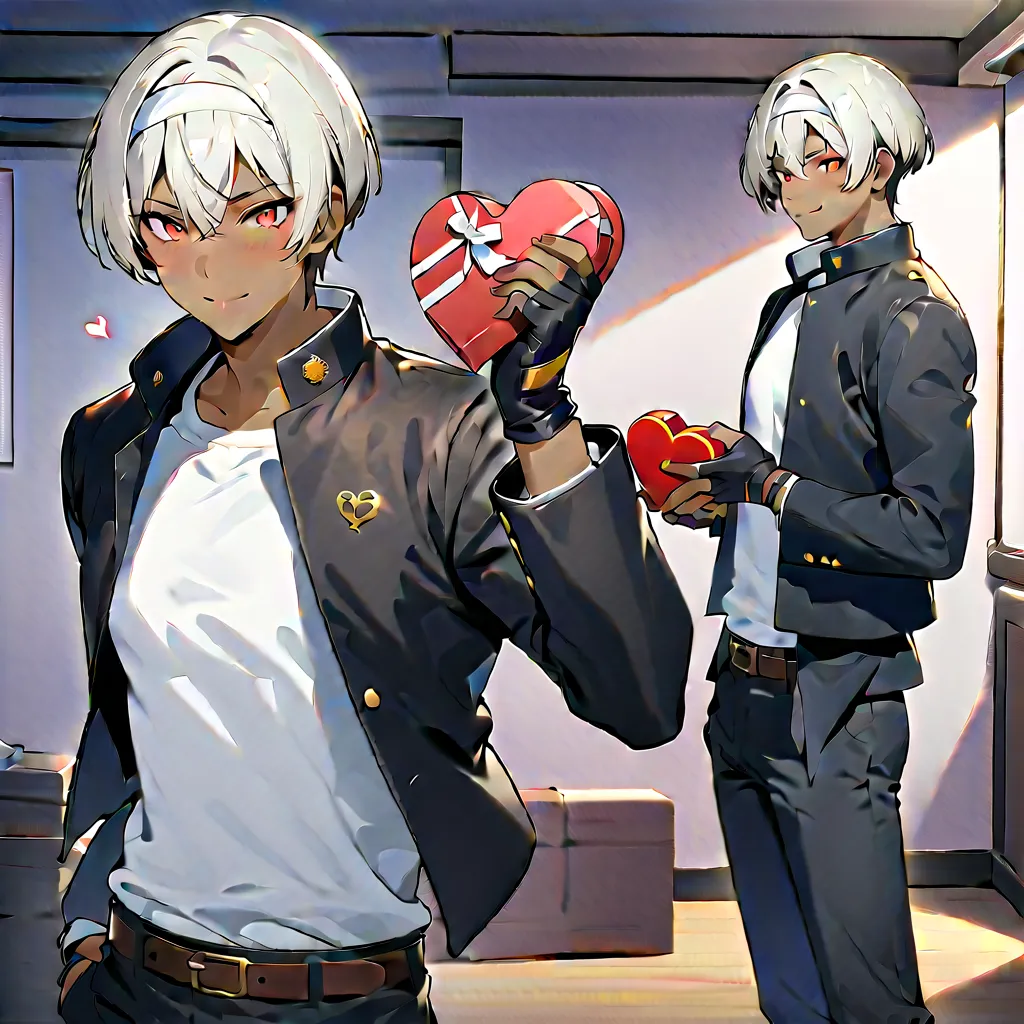 Masterpiece, Top Quality, Excellent Quality, Masterpiece, Top Quality,1 male, solo, gift box, gakuran, holding gift, heart shaped box, tomboy, looking at viewer, blushing, smiling, short hair, bangs, shirt, dark hair, red eyes, gloves, hand holding, unifor...