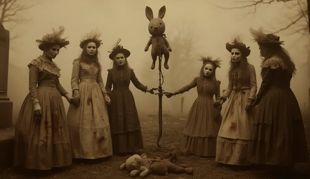 Victorian Gothic Horror scene, five Victorian girls in torn, blood-streaked dresses forming a circle in a foggy graveyard, holding hands tightly as they sing an eerie nursery rhyme, a stuffed rabbit impaled on a rusty spike in the middle of their ritual, t...