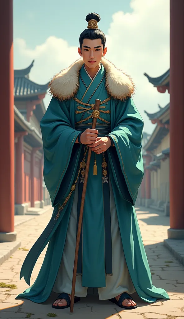 General Liang, A young East Asian man, likely in his early twenties, is centered in the frame, depicted in a digital art style. He wears elaborate traditional Chinese attire, including a long, flowing robe in shades of blue and teal, a fur-lined shoulder c...