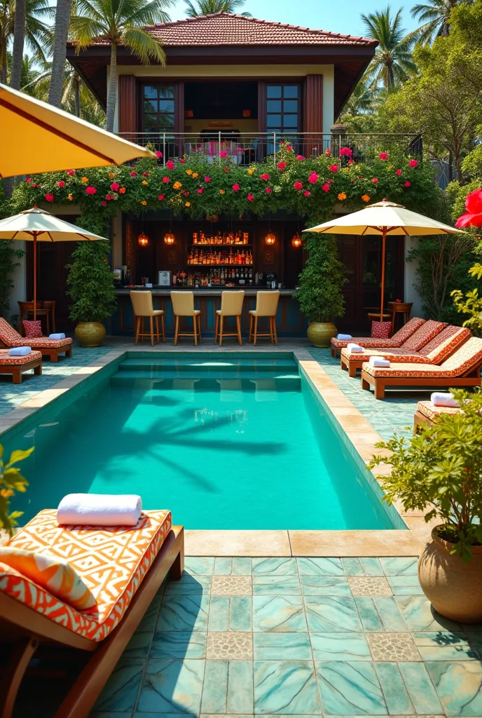 A 3-story house. The crystalline blue pool, ceramic tiles in vibrant shades of turquoise and emerald green light wooden sun loungers, with cushions in geometric prints and saturated colors such as orange, yellow and red flowers such as hibiscus and daisies...