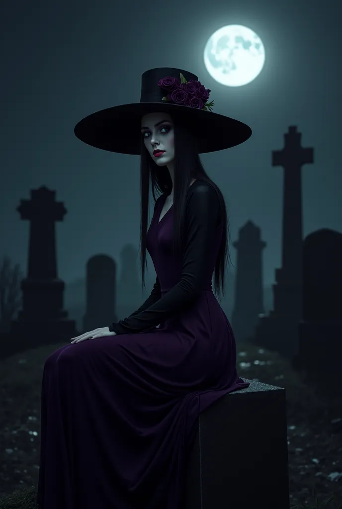 Skinny white woman with straight black hair, very dark purple dress, with a big black hat with two black roses on the right side, Inside the cemetery sitting on top of a grave At night 