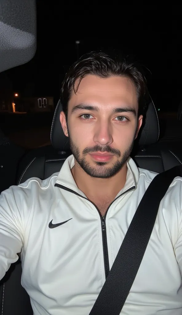 a handsome young turkish guy with muscle, dark very short wet hair fade middle parting and beard  he wearing a light white nike tracksuit and he is in a cabrio car with black seats he driving amateur photo random picture and location is germany he has very...