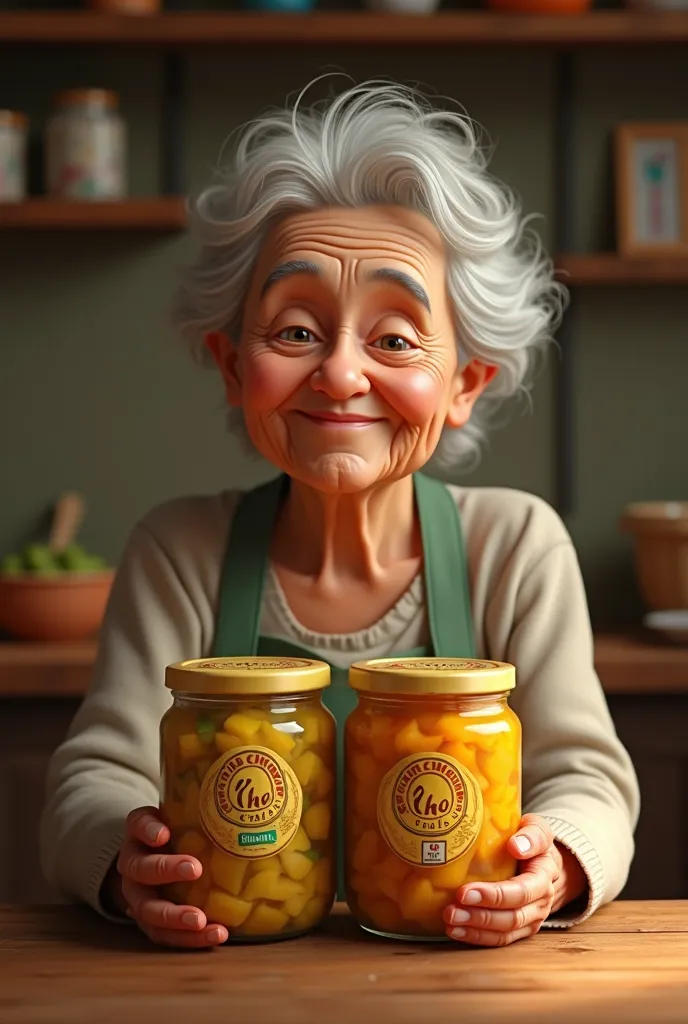  a grandma hold two pickle bottle one is mango pickle red colour and another one is lemon pickle.give the brand name ACHA pickle in visible and impressive label 