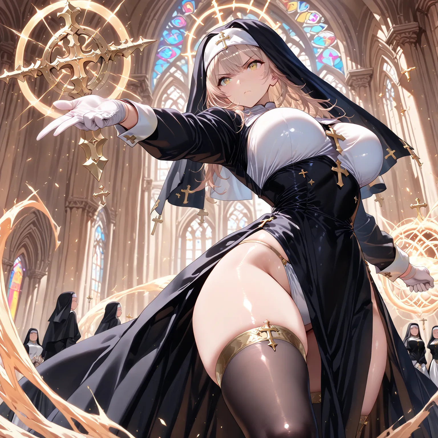 masterpiece, (((( best quality )))),action,shiny skin, detailed face,, black stockings,black long skirt,nun,white gloves,,bigger breasts in bikinis,thick legs,magic, sacred, Fantastic,,xss