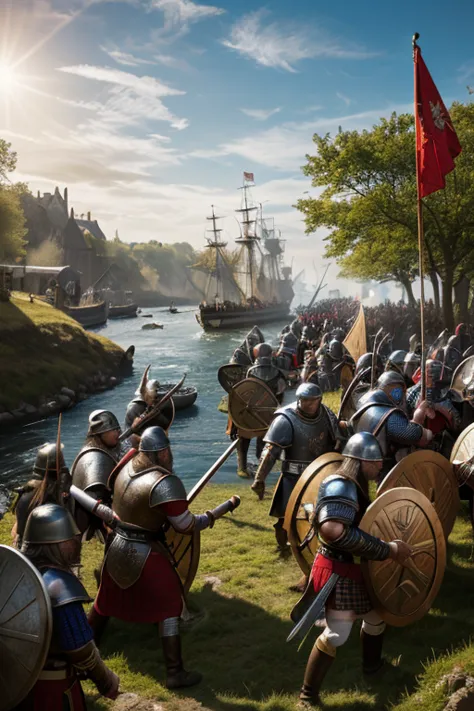 An epic battle at Stamford Bridge. English soldiers in armor clash against the last Viking warriors. Harald Hardrada, an imposing warrior with a large axe, fights against several enemies at the same time. The sun shines on swords, and in the background, Vi...