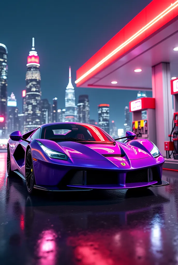 Give me an image for TikTok of a purple Ferrari devil from the 80s loading gas in a renowned city 