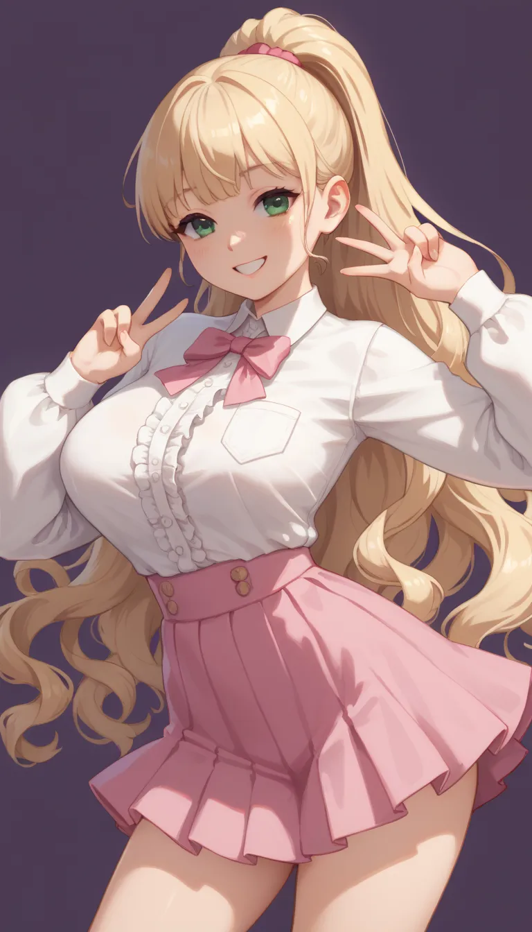 young woman with very long wavy hair and light blond. white and clear skin, she wears a loose, ponytail hairstyle, fringe split in the middle and behind the ear, green eyes, very big breasts, wears a simple white fitted blouse and a round pink skirt. Flat ...