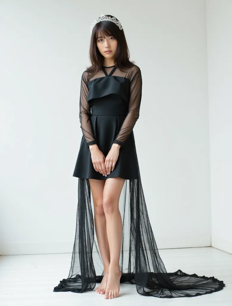 8K quality : 1.8, Black Gothic Lolita、mosmosmos  , high quality、best image quality、pictures showing the whole body、bare feet、Fine Feet、Sheer Lace Dress Up、( Short Wedding Mini Veil )、empty space background、white wall、Clear black、 nudes、(((Short legs)))、See...