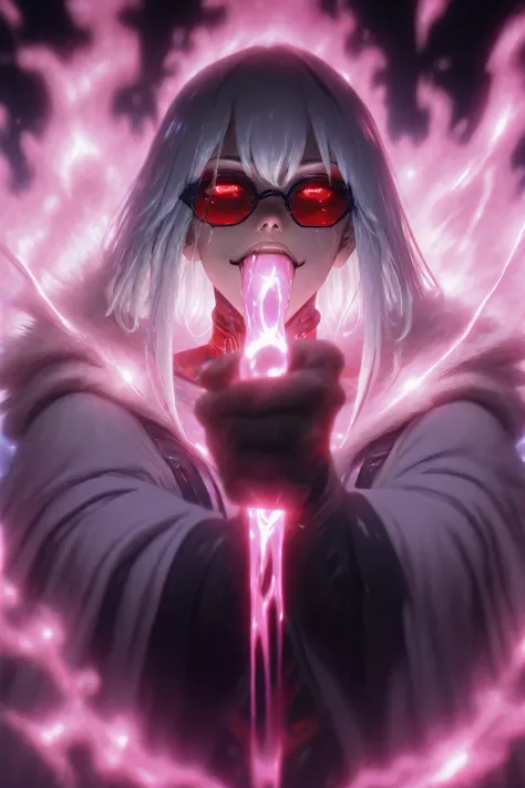 Masterpiece, highest quality, stunning detail, stylish anime, dark cyberpunk art inspired by ArtStation trends. The character is a girl with white hair, wearing dark glasses with red lenses, a sinister smile, broad shoulders, and a luxurious bright pink fu...