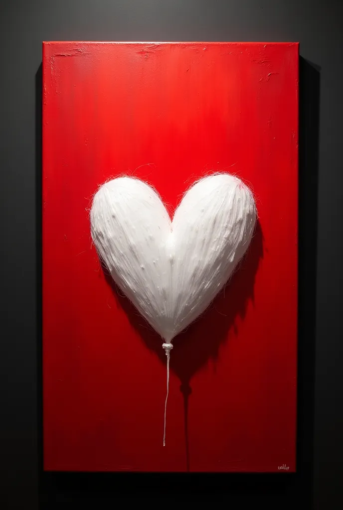 Make a picture of a white heart on a red background with oil painting, taken by a cell phone camera, on a black wall