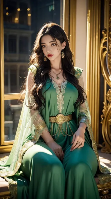 top quality, masterpiece, Ultra High Precision,  original photo , 1 girl with an Oracle, ((Mesh Sardine)), cinematic lighting, very long hair, detail eyes, wind, necklaces, piercing, ((Chivalry Cosplay)), ((Wavy clothes)), Green clothes, ((Wavy lace)), ((W...