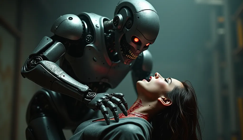 An ultra-realistic, highly detailed, full-body 8K  of an evil humanoid robot breaking a woman's neck