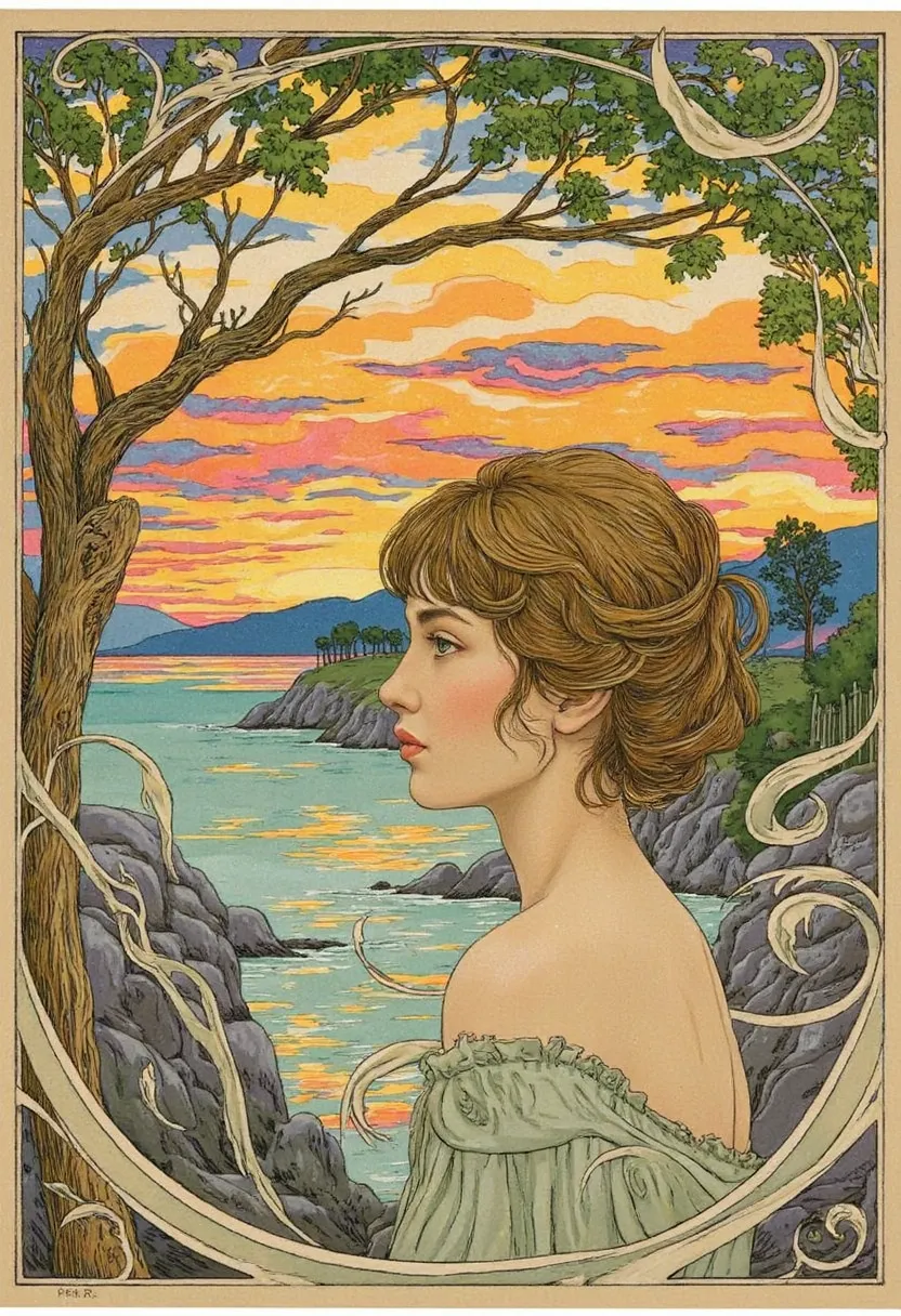 Stylized image in Art Nouveau style, a beautiful young woman against the background of an extraordinarily beautiful sunset over the sea, in blue tones, golden sun, pink clouds, gray rocks, trees, many curved contours carefully drawn, repeating all the elem...