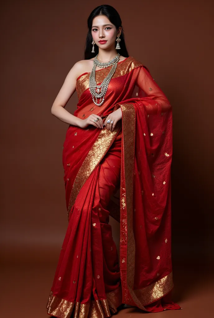 Red Golden Shine Fabric visible body stockings carnel  Sliver Shine Beautiful seductive makeup of south indian Model Fat Beauty gold silver Rudy Pearl Jewellery transparent Oil saree a  Ancient Prostitute