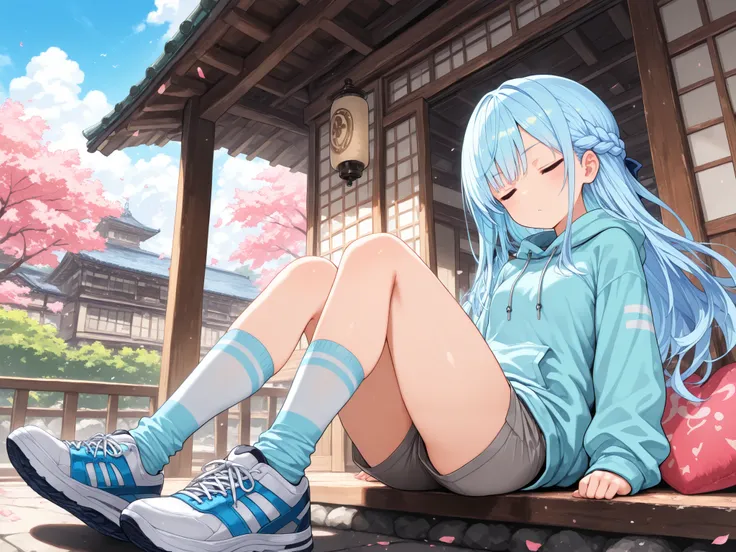 (masterpiece,top quality:1.2),Ultra-Details,okmc,Alone,A girl\(onigiri hairpin\(onigiri hair accessory ,french braid hair,light blue hair, long hair, fluffy hair,closed eyes, no nose , small mouth,Thin blue shoes,light blue hoodie,grey shorts,blue and w...