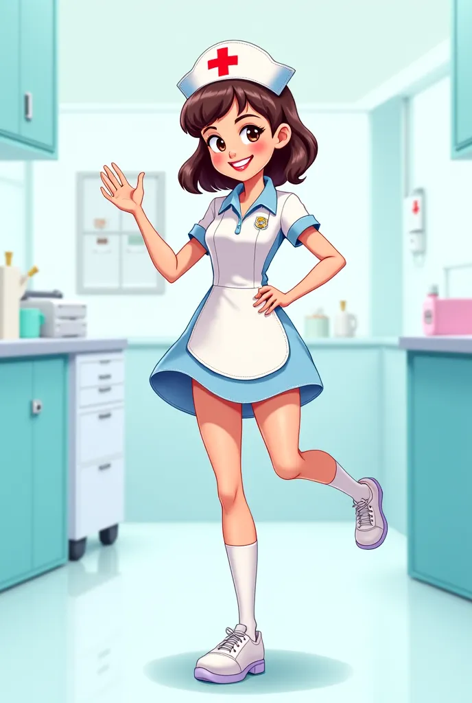 A girl dressed as a nurse,  showing off the soles of her feet ,  cartoon style