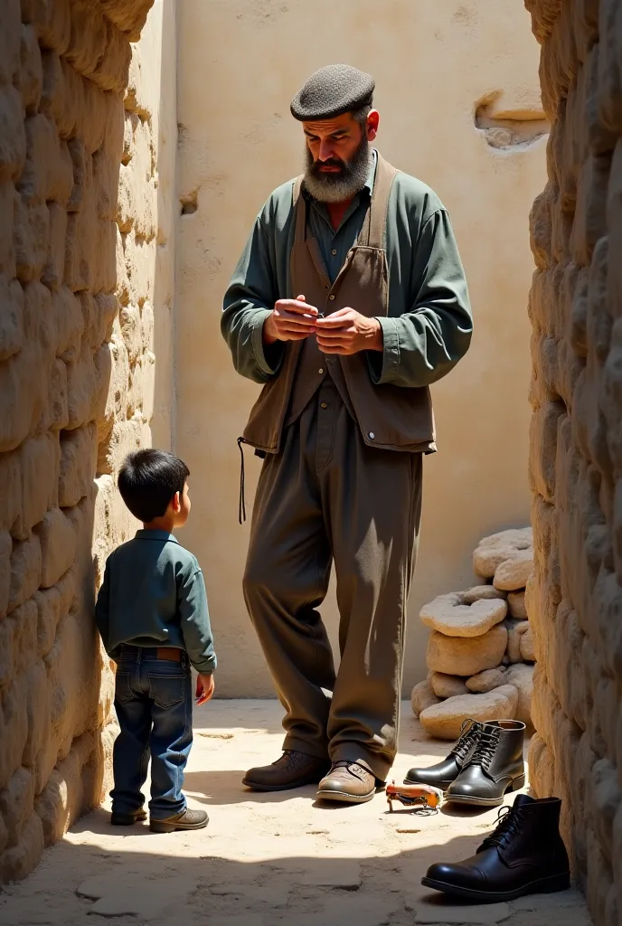 40 year old . A bearded man with a shoe mechanic in Palestine faces the ground and across the floor of a courtyard with walls made of stone.  boy Takkeli 