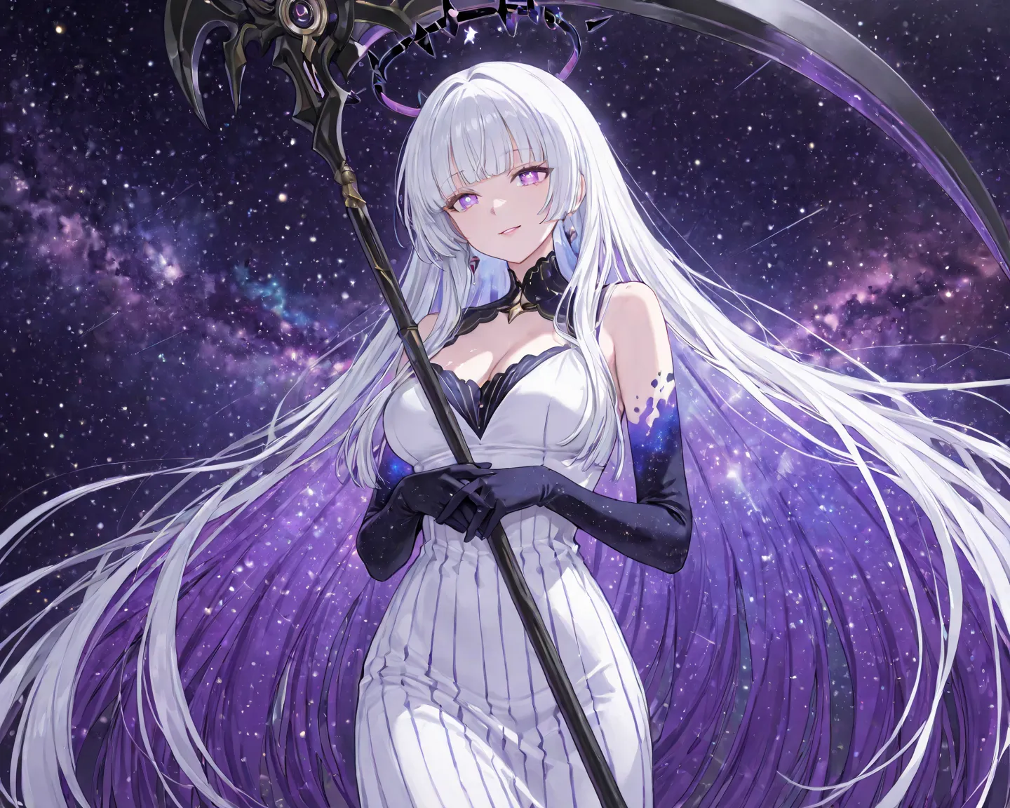 1 woman, adult woman, mature female, mature face, super long floor length straight white hair with bangs and with the ends dyed in a galaxy color (hime cut), wears a short white dress in the front and long in the back with galaxy colored details, a black h...