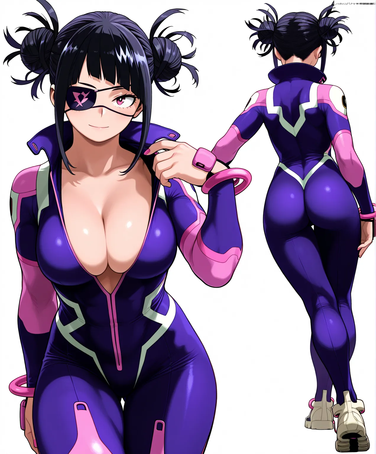 JuriST6, Outfit1, Fair skin, Pink eyes, Eye patch on left eye, Pink nails, Black hair, Hair in two high buns, Hair decorated with pink rings, Full body tight suit, Deep neckline, Highlighting the cleavage, Dark purple and pink suit, Toned body, Large breas...