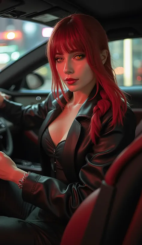 (((A beautiful woman),(wear a sexy casual outfit))),She is sitting behind the wheel of a 2025 Bentley Continental GT. The background should be in new york city in the middle of the night, Detailed Background ,Vibrant colors,exquisite detail,dynamic movemen...