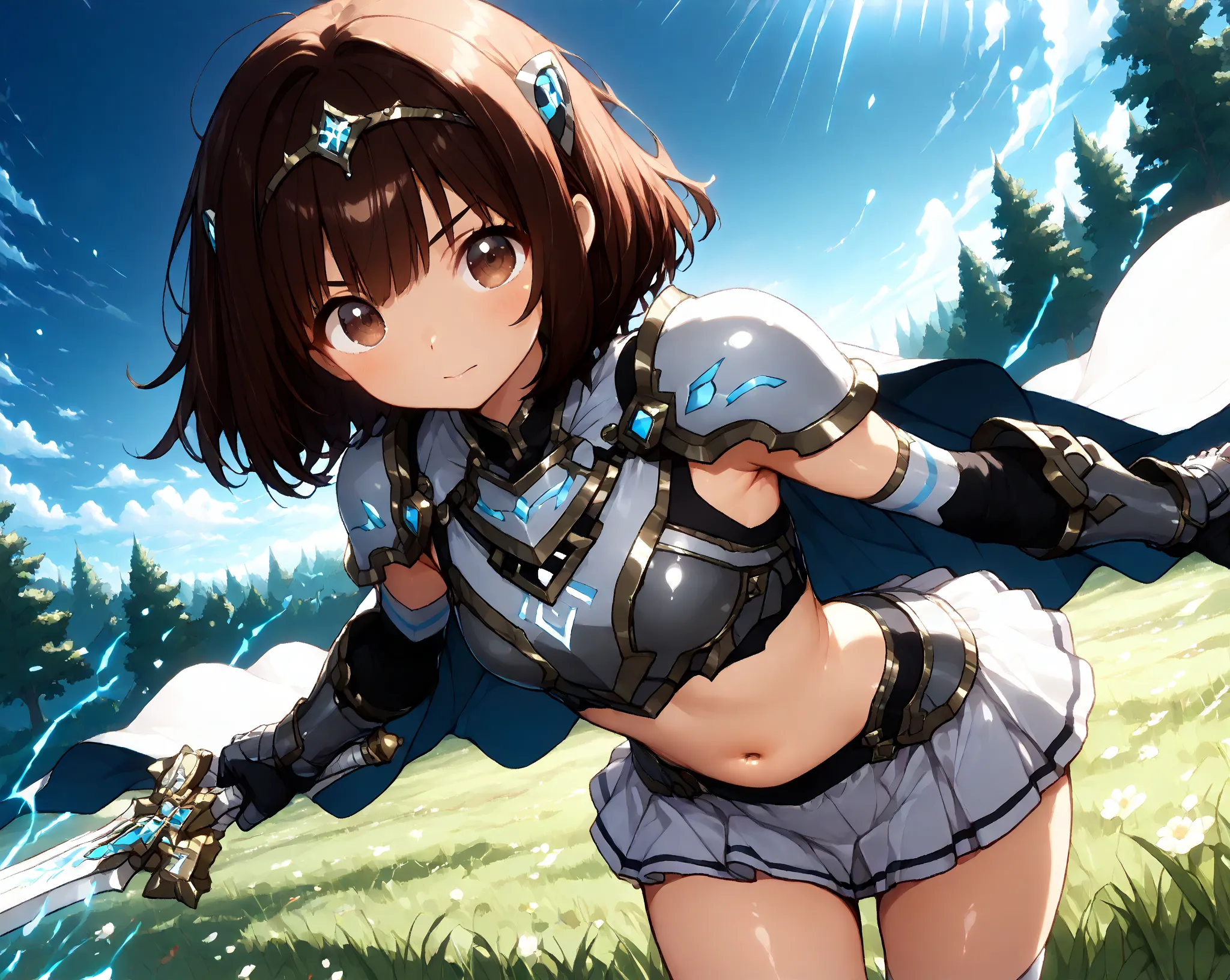 #、anime style、high contrast、solo、1 girl、short hair、brown hair、detailed eyes, Big Cute Eyes、Dark Brown Eyes、cute face、small breasts、cute blue and white adventurer clothes、Luxuriously Decorated Lightweight Breastplate、Blue Crest、Glowing Crest 、cape、belly but...