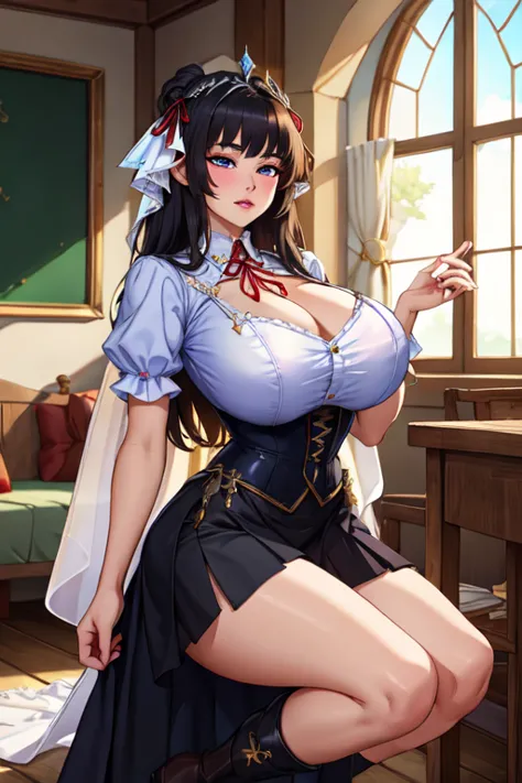 (masterpiece, best quality, absurdres, 4k, aesthetic, detailed, intricate),1girl,nikkecrwn,tiara, hair ribbon, long black drill hair, black hair, using a school uniform, Short frilled skirt, chest holster,
a dress with a veil, military boots, beautiful fan...