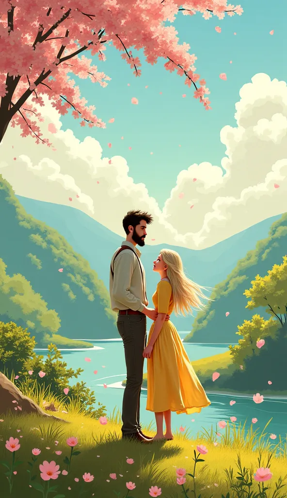 Create a Studio Ghibli-style image of a couple, the woman with thin blond hair, the tall man with a beard. 