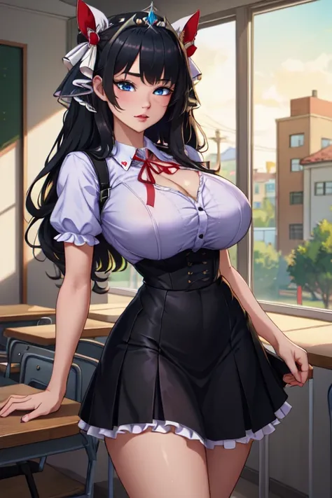 (masterpiece, best quality, absurdres, 4k, aesthetic, detailed, intricate),1girl,nikkecrwn,tiara, hair ribbon, long black drill hair, black hair, using a school uniform, Short frilled skirt, chest holster,
 wearing a lolita dress,

























...