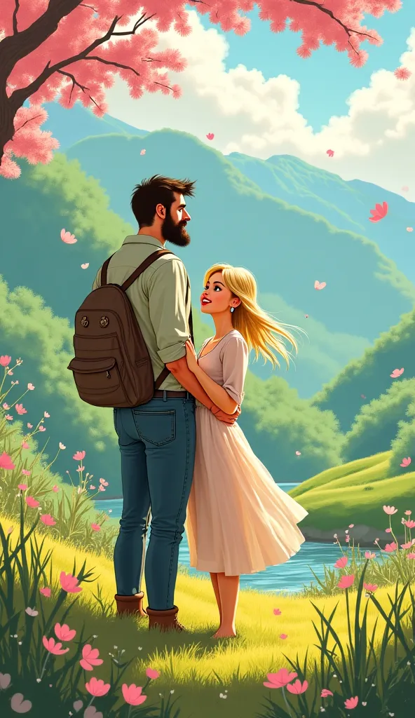 Create a Studio Ghibli-style image of a couple, the woman with thin blond hair, the tall man with a beard. 