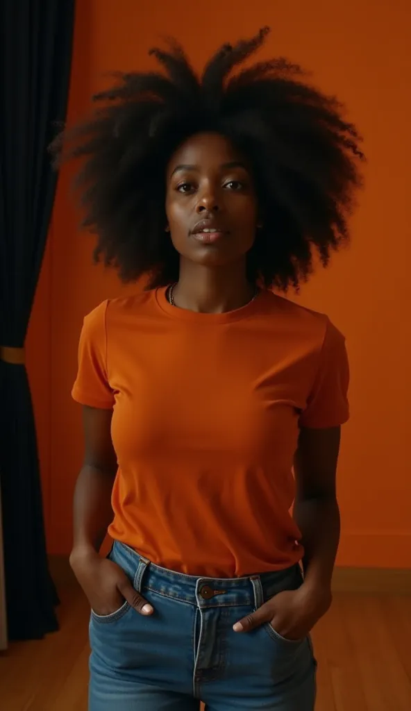 A black woman with an afro, wearing a dark orange t-shirt and jeans. There is a small black curtain hiding something behind it. The scenery has a dark orange background and floor.