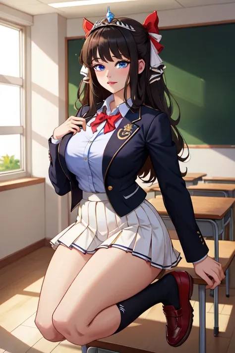 (masterpiece, best quality, absurdres, 4k, aesthetic, detailed, intricate),1girl,nikkecrwn,tiara, hair ribbon, long black drill hair, black hair, using a school uniform, Short frilled skirt, chest holster,
 school uniform, blazer, red blazer, bow, bowtie, ...