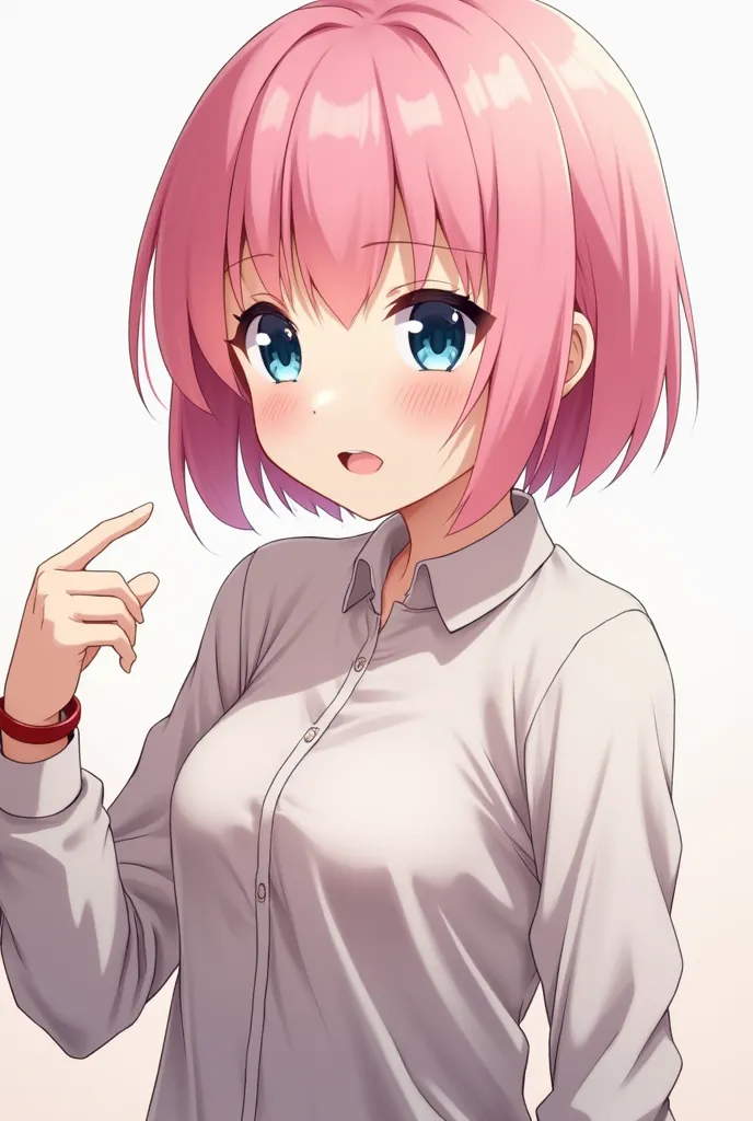 
"The same anime girl with short pink hair and blue eyes, wearing the same outfit. She is in a talking pose, her mouth open slightly as if she is mid-sentence, and her hand gesturing naturally. Her expression is neutral or friendly, depending on the conver...