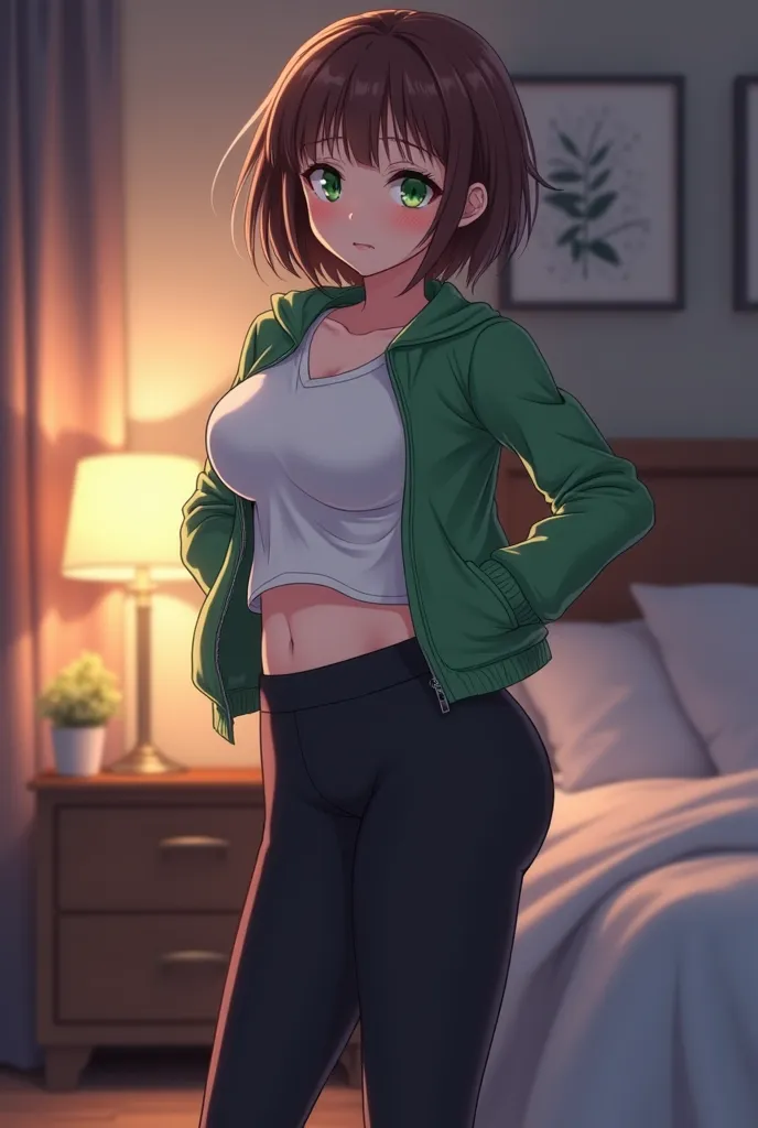 anime style, white girl, short brown hair, green eyes, green jacket, white t-shirt, with black leggings, with shoes with green and white detail, big and round buttocks, thin waist, wide hips, thick thighs, bedroom, standing, stopped, worried and blushing, ...